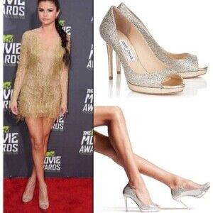 Jimmy Choo Luna 100 Glitter Fabric Platform Peep-Toe Pump, Size 39 Size 8 US